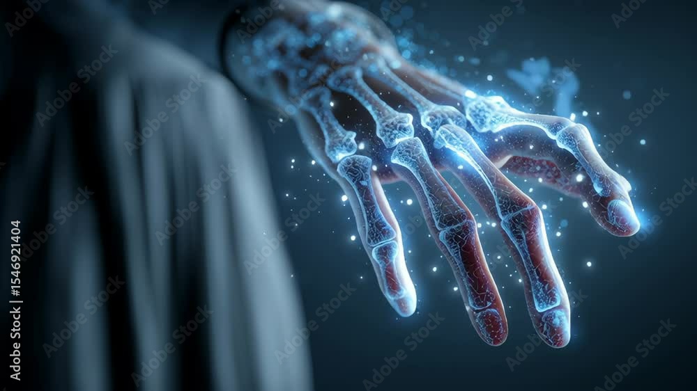 Poster advanced medical visualization displaying virtual x ray scanning of doctor's hand, revealing skeleta
