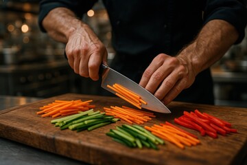 Master chef's hands expertly julienning fresh vegetables with professional knife on wooden cutting board