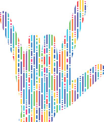 colored hand with rock gesture, hand icon with colored stripes