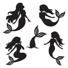 Silhouette images of mermaids in various poses, including a mermaid tail, vector illustration set.