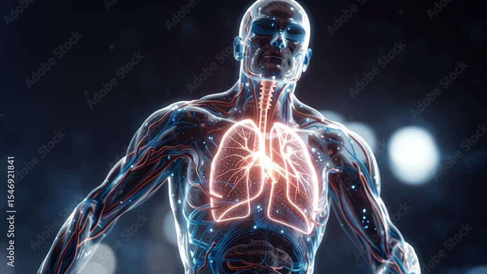 Poster transparent male body revealing intricate respiratory system dynamics during running, demonstrating 