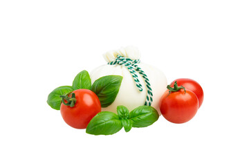 Burrata cheese with tomatoes and basil – PNG, front view, isolated on transparent background
