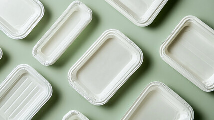 A flat lay of several white disposable food containers on a light green background scattered around