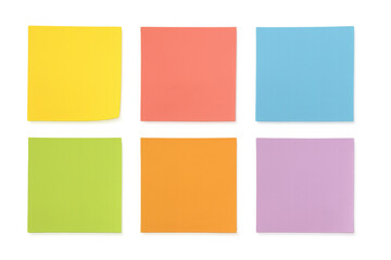 Fototapeta premium Colorful blank sticky notes arranged neatly, offering clean writing space against transparent backdrop for notes, messages, reminders