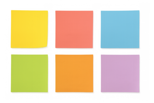 Colorful blank sticky notes arranged neatly, offering clean writing space against transparent backdrop for notes, messages, reminders
