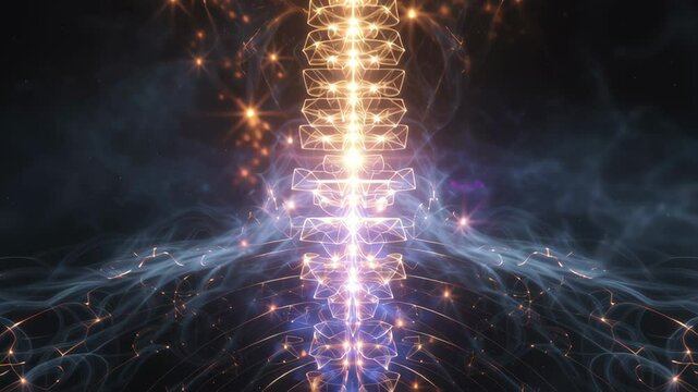 Golden energy flows upwards through a stylized, glowing human spine, surrounded by a dark, smoky atmosphere and intricate network of lines, creating a sense of healing and vitality