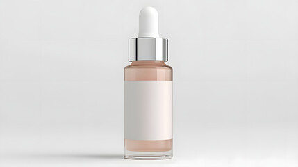 Sleek, modern aesthetic product mockup featuring slim, tall dropper bottle with minimalist design. bottle is transparent with white label and silver cap, set against neutral background