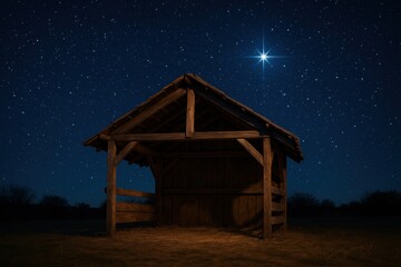 Obraz premium Rustic wooden stable under starry night sky representing nativity scene and Christmas spirit