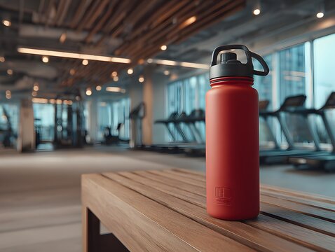 Red reusable water bottle stands on wood bench inside brightly lit modern gym ready for exercise routine.