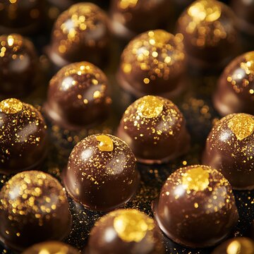 Macro shot of gold dusted chocolate truffles with Venezuelan cocoa, fleur de sel, and edible 24k gol