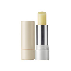 Obraz premium Open lip balm with beige packaging revealing the stick, isolated, minimalist design, studio shot, neutral colors