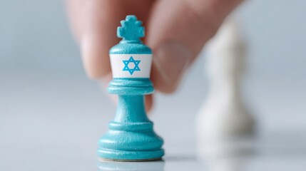 Naklejka premium Close-up of hand moving a chess piece painted in blue and white Israeli flag colors focused deliberate strategic moment.