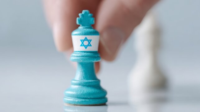 Close-up of hand moving a chess piece painted in blue and white Israeli flag colors focused deliberate strategic moment. - Powered by Adobe