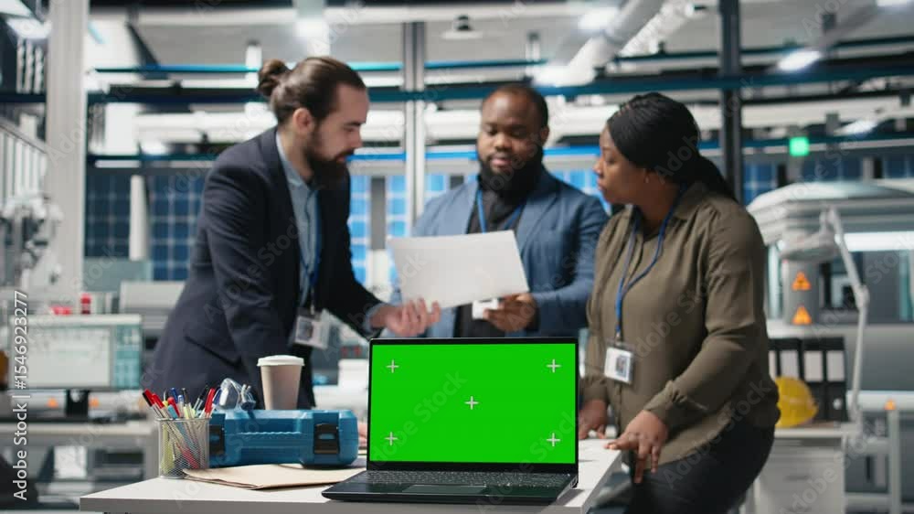 Poster multiethnic team of high tech experts work with copy space in a solar energy factory, shares ideas o