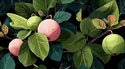 Tropical Guava Foliage Pattern with Leaves and Fruits Seamless Design