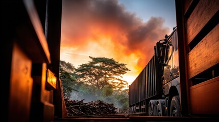 Truck Offloading Fuel at Sunset with Dramatic Sky and Landscape