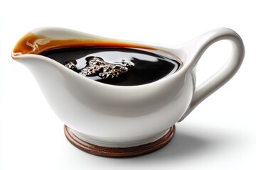 Close up of balsamic vinegar in a sleek gravy boat isolated on white background smooth rich and glossy texture.
