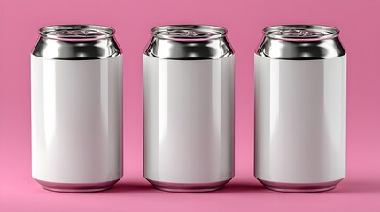 Three aluminum cans with blank white labels are arranged on a soft pink background in a studio setting.