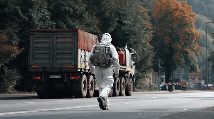 Urban Military Transport in Motion Near Cargo Truck Exit Route