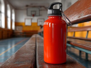 A vibrant red water bottle sits on a wooden bench inside a school gymnasium with a basketball court beyond.