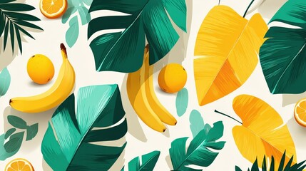Vibrant Bananas and Tropical Leaves in Seamless Vector Design