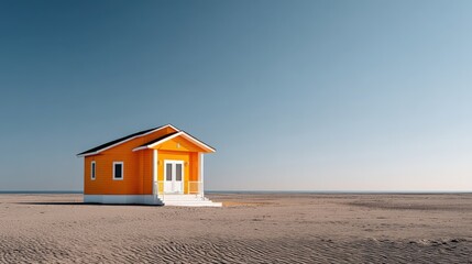 Vibrant Beach Hut on Empty Sandy Shore Under Clear Blue Sky