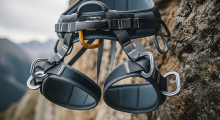 Climbing Harness Hanging on Mountain Rock Surface Outdoor Adventure Equipment