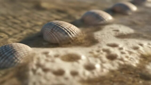 Close-up of seashells lined up on sandy beach in warm sunlight, gentle ocean background