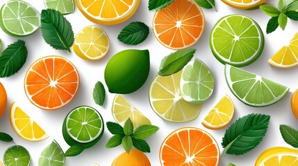 Vibrant Citrus Slices with Fresh Mint Leaves in Seamless Design
