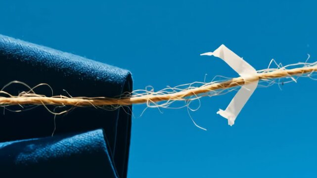 Close-up of frayed rope tied with white tape against clear blue sky background