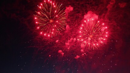 Red fireworks exploding in the night sky creating a beautiful show