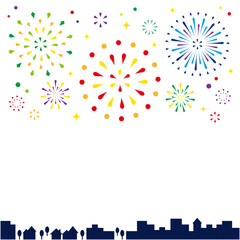 カラフルな打ち上げ花火と街並みのイラスト