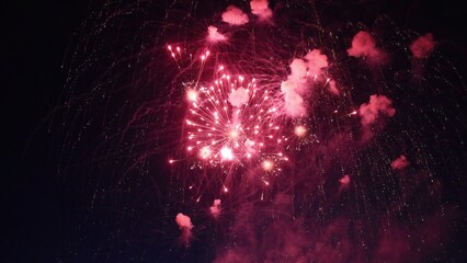 Red fireworks exploding in the night sky during a celebration