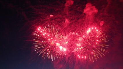 Red Fireworks Exploding in the Night Sky