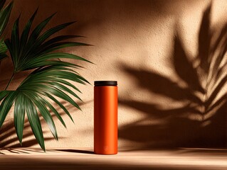 An orange thermos bottle stands on a wooden surface with palm leaves casting shadows on a textured wall.