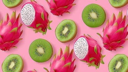 Vibrant Dragon Fruit and Kiwi Seamless Pattern in Bright Colors