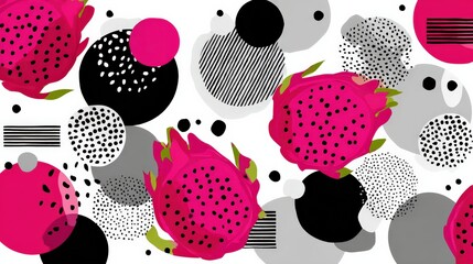 Vibrant Dragon Fruit Pattern with Abstract Geometric Elements