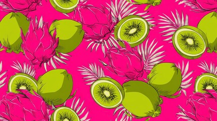 Vibrant Dragon Fruit and Kiwi Seamless Pattern on Pink Background