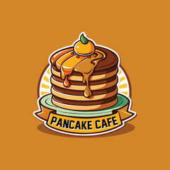 Pancake café logo with stacked pancakes dripping syrup, delicious breakfast icon, sweet syrup river, cozy café branding, breakfast food illustration, vintage style emblem