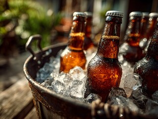 Refreshing ice cold bottles of amber beer are displayed in a rustic metal bucket outdoors on a wooden surface.