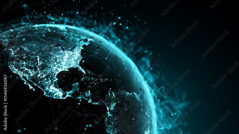 Aufkleber digital global network connections futuristic technology world map abstract background turquoise blu