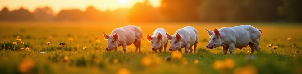 A herd of white pigs foraging at dusk in a sunlit field , swine, farm, sunset sky