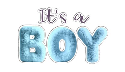 It's a Boy isolated fluffy plush 3d letters crafted text inscription from baby blue faux fur texture.Decor.Greeting invitation baby shower card.Gender party decoration.Clipart sticker.jpg