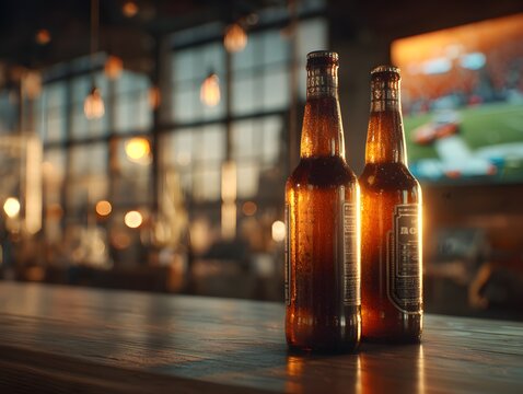 Two cold bottles of amber beer sit on the counter at a bar with a blurred television in background.