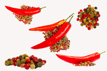 Red chili peppers with mixed peppercorns –top view, white  background