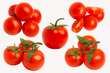 Five tomato compositions – top view, white background