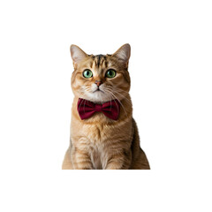 Obraz premium Cute orange tabby cat wearing a red bowtie, posing elegantly on white background