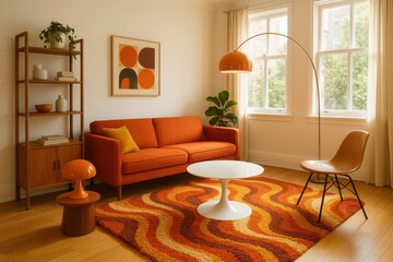 Stylish mid-century modern living room with vintage furnishings and warm natural lighting