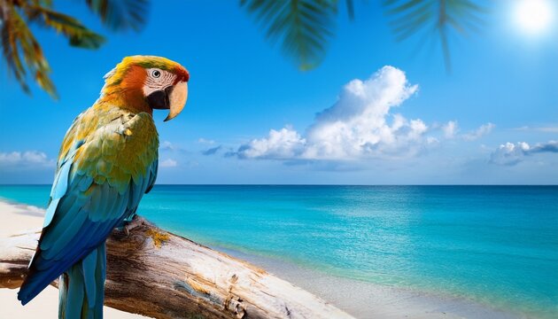 papagei als paradiesvogel am strand urlaub konzept
