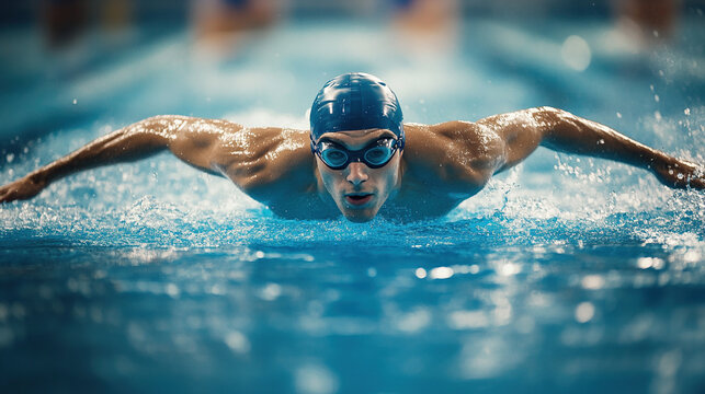 A man in a blue swimsuit is swimming in a pool